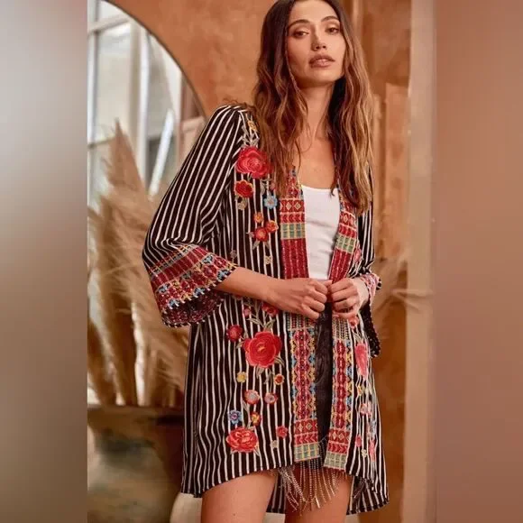 Savannah Jane EMBROIDERED STRIPED CARDIGAN small boho festival floral - Picture 1 of 13